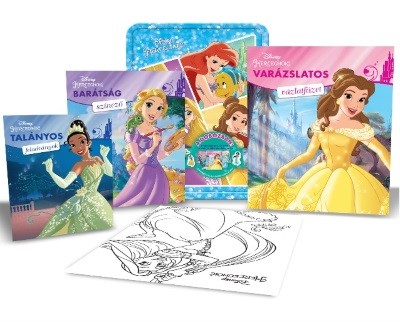 Disney hercegnők fémdoboz (benne: 2 foglalkoztató, 1 színező, 4 filctoll, matricák és egy poszter)